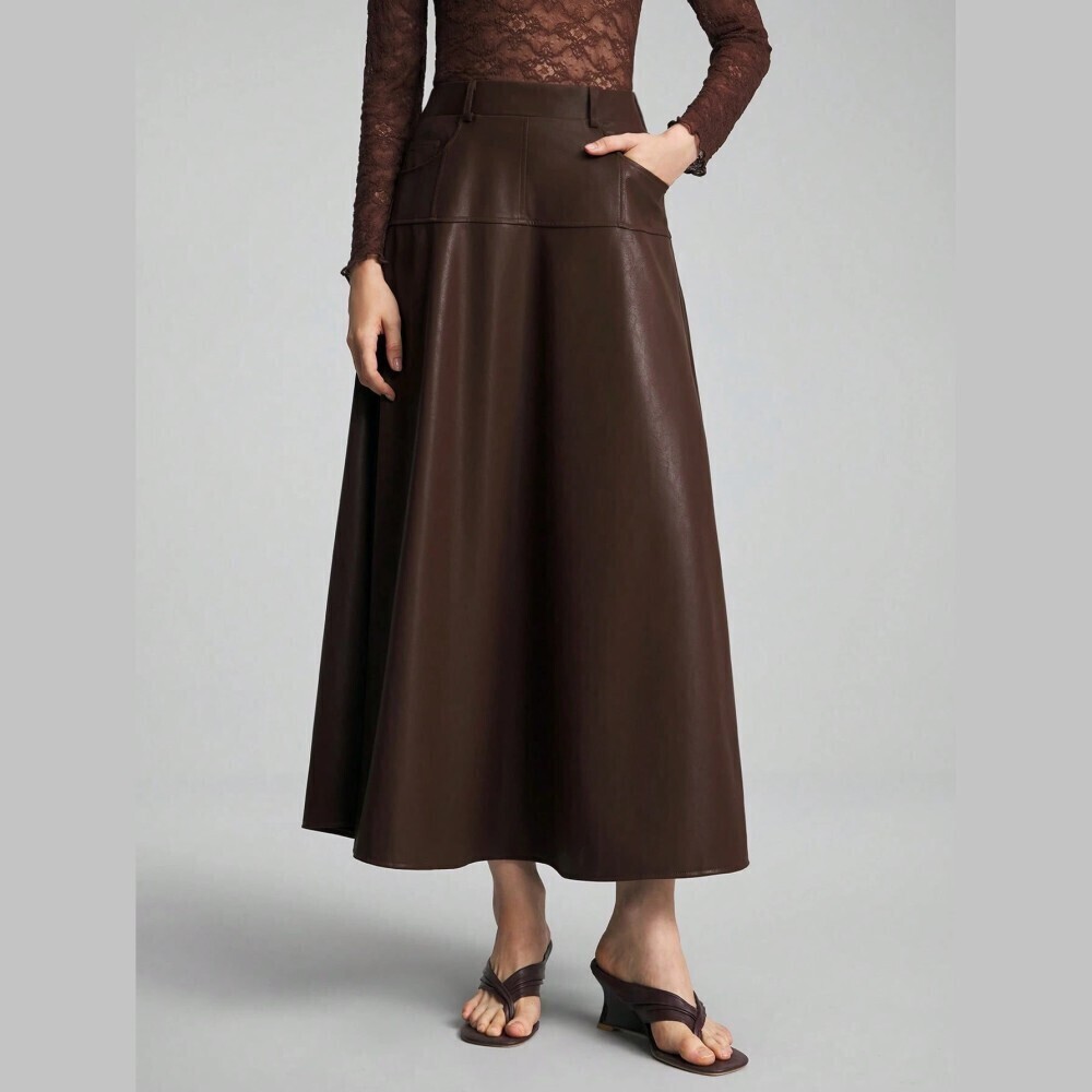 Brown Faux Leather A-Line Maxi Skirt with Front Pockets and Belt Loops